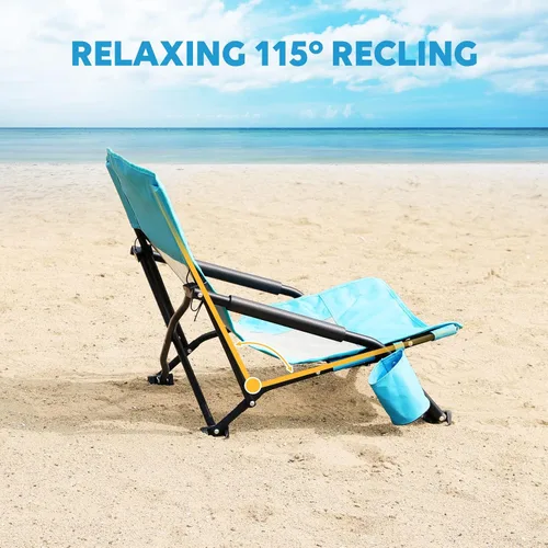 Vista 7 de TOBTOS Silla de playa baja para adultos, paquete de 2, plegable de perfil bajo con portavasos y bolsa de transporte, silla resistente para arena al