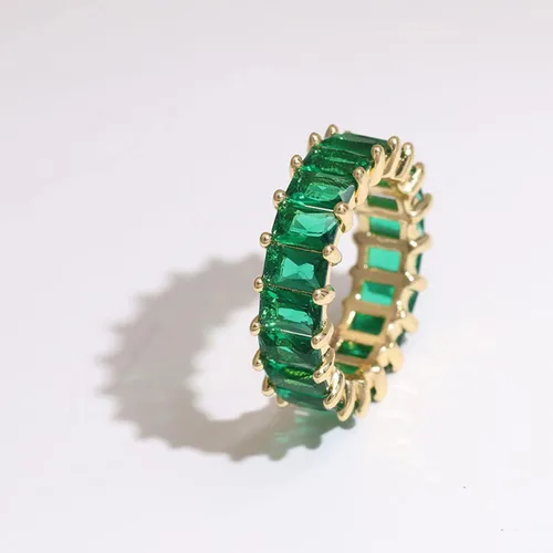 Vista 2 de Caiyao Anillo de boda con circonitas cúbicas cuadradas y pavimentadas de esmeralda verde chapado en oro joyería de baguette rectangular de corte