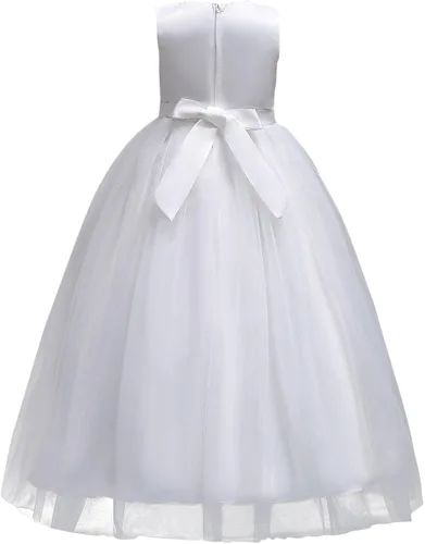 Vista 4 de Vestido maxi de tul para niñas con tutú y flores de encaje, largo hasta el piso, para boda, dama de honor, fiestas