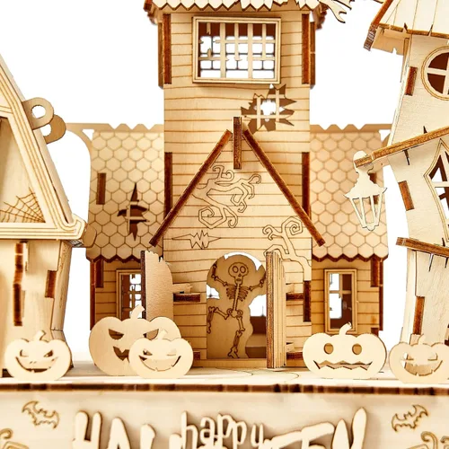 Vista 6 de Rompecabezas de madera 3D para Halloween, incluye tira de luz, rompecabezas y rompecabezas para Halloween/cumpleaños, regalos para adultos
