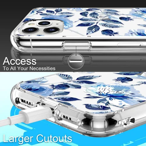 Vista 5 de Funda para iPhone 11 Pro Max con protector de pantalla, funda protectora transparente floral para niñas y mujeres, a prueba de golpes, funda rígida