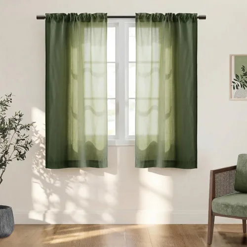 Vista 13 de Cortinas rústicas para ventana de cocina, cortinas de lino transparentes con bolsillo para barra para ventanas cortas, juego de 2 paneles, 42