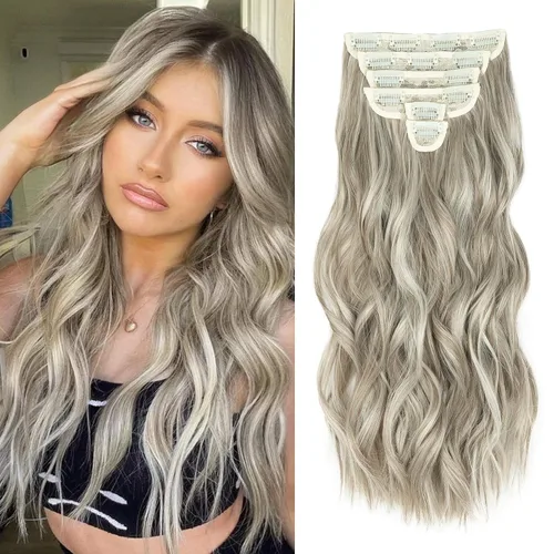 Vista 34 de Fliace Extensiones de cabello con clip para mujer, extensiones de cabello ondulado largo de color marrón medio, extensiones de cabello sintético