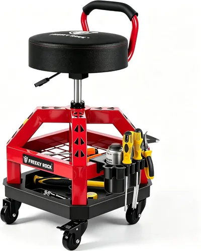 Vista 11 de Taburete rodante de taller con ruedas, taburete mecánico de trabajo de garaje resistente con respaldo, altura ajustable, silla giratoria de 360°