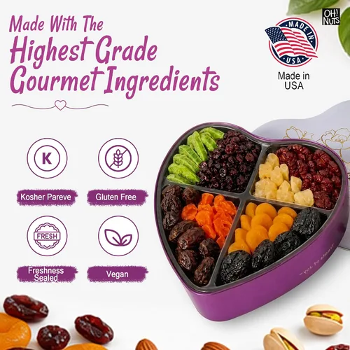 Vista 6 de Oh! Nuts Cesta de regalo de frutas secas en forma de corazón, 8 variedades tropicales gourmet, albaricoques, dátiles, ciruelas pasas, arándanos