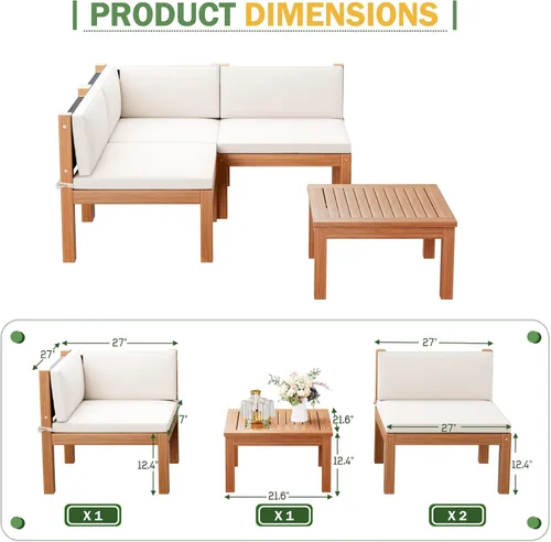 Vista 4 de Devoko - 4 sofás de madera de acacia pequeños para patio, 54 pulgadas de largo x 54 pulgadas de ancho