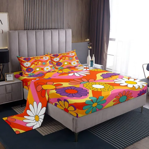 Vista 30 de Bonito juego de sábanas de flores para niñas y mujeres, sábanas coloridas de dibujos animados de flores funky de tamaño individual, bonito juego