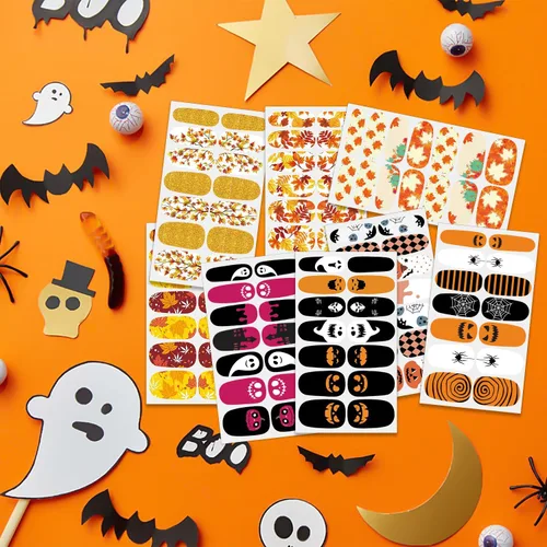 Vista 3 de SILPECWEE 8 hojas de envolturas de uñas de Halloween para mujer, diseño de otoño, tiras adhesivas de esmalte de uñas de gel autoadhesivas con lima