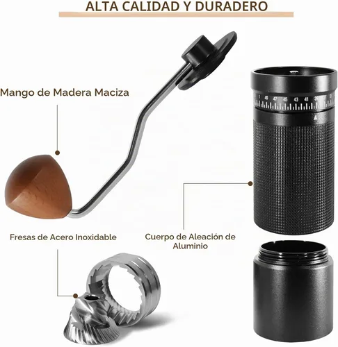 Vista 5 de Molinillo de café manual con ajustes ajustables externos digitales, molinillo de mano portátil con rebabas cónicas de acero inoxidable, capacidad