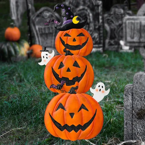 Vista 7 de Estacas de jardín de Halloween de 39.8 pulgadas, calabazas de metal apiladas, decoración de césped con sombrero de bruja, letreros de metal