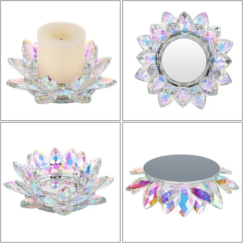 Vista 4 de OwnMy Portavelas de flor de loto de cristal para velas de pilar de hasta 3 pulgadas, portavelas votivas de pétalo de loto de vidrio decorativo