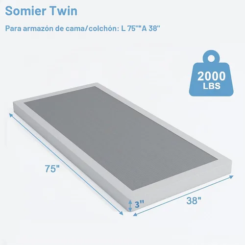 Vista 2 de HOBINCHE Somier individual de perfil bajo, somier de 3 pulgadas para cama de tamaño individual, base de cama resistente, base de colchón de metal