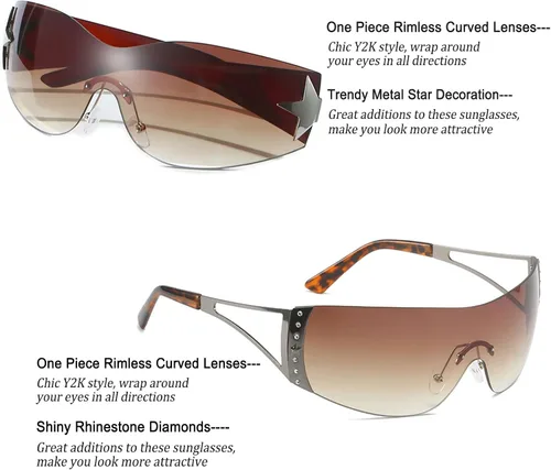 Vista 6 de Ibeauti Paquete de 24 gafas de sol Y2K Star sin montura envolventes futuristas ovaladas de una pieza para hombres y mujeres