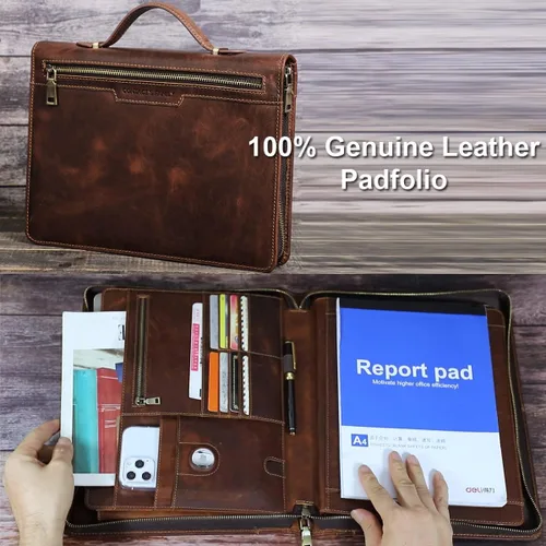 Vista 5 de Portafolio - Portafolio de cuero genuino - Organizador de cuaderno de negocios con cremallera y asa para currículum y trabajo - Padfolio