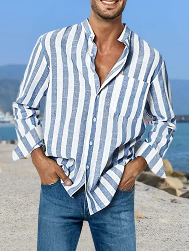 Vista 3 de Camisas de lino de manga larga con cuello de banda y botones para hombre