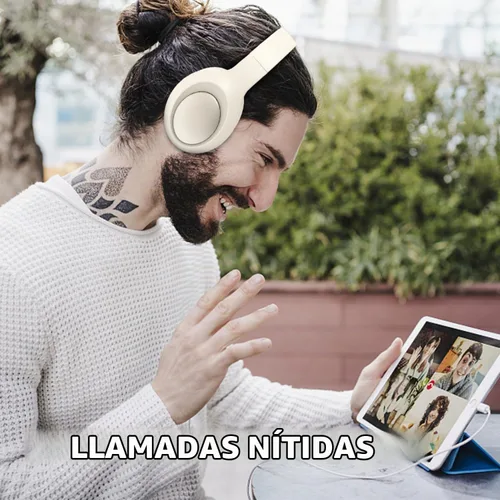 Vista 5 de Bingozones Auriculares inalámbricos con cancelación de ruido beige, Bluetooth sobre la oreja, auriculares inalámbricos con micrófono, tiempo