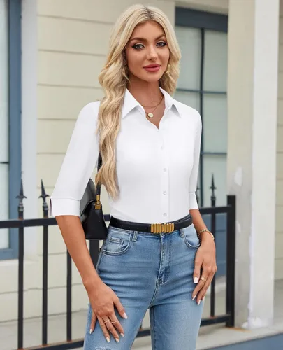 Vista 5 de siliteelon Camisas con botones para mujer, manga 3/4, elástica, ajustada, sin arrugas, cuello para negocios, trabajo, tops