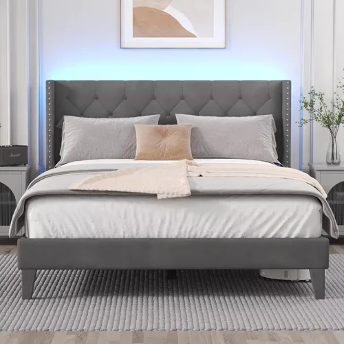Vista 9 de DOGIBIXO Marco de cama tamaño completo con luces LED, marco de cama tapizado con cabecera de respaldo alado capitonada de diamante, soporte