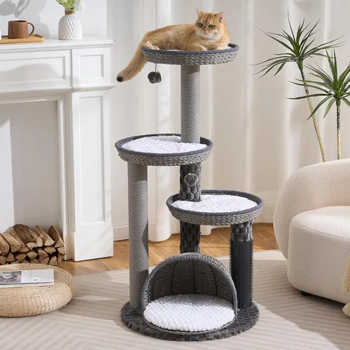 Vista 15 de HITTITE Moderna torre de árbol para gatos con poste rascador, torres para gatos de 46 pulgadas de alto con nidos y cueva tejidos, árbol para gatos