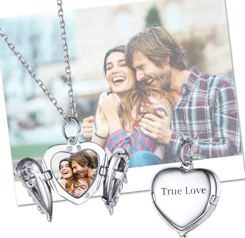 Vista 3 de SILVERCUTE Personalized & Engraved Locket Necklace with 18" Chain -Angel Wings Locket, Custom Heart Locket Pendant That Holds Picture, Sterling