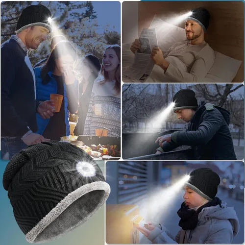 Vista 6 de HIGHEVER Gorro LED con luz, regalos para hombres y mujeres, linterna con faro, gorro de invierno
