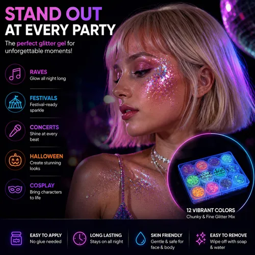 Vista 3 de 12 colores de gel con purpurina que brilla en la oscuridad, reactiva a la luz negra UV, para rostro y cuerpo, no necesita pegamento, grado cosmético