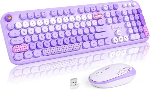 Vista 15 de MOFII Combo de teclado y mouse inalámbricos, teclado retro de máquina de escribir de 2.4 GHz, tamaño completo, lindos ratones inalámbricos, dongle