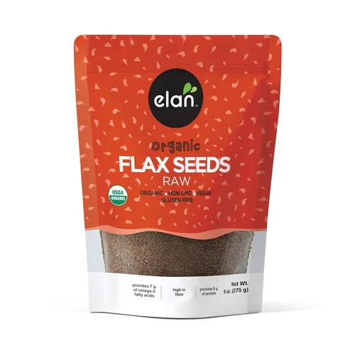 Vista 3 de Elan Semillas de lino orgánico, semillas enteras, semillas crudas, sin OMG, veganas, sin gluten, kosher, altas en fibra, gelifican fácilmente