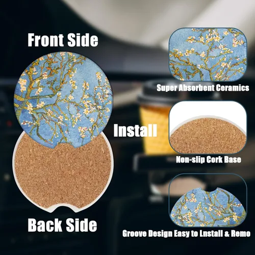Vista 3 de Portavasos de automóvil – Posavasos de cerámica absorbente con flor de almendro, posavasos Van Gogh para bebidas, accesorios interiores