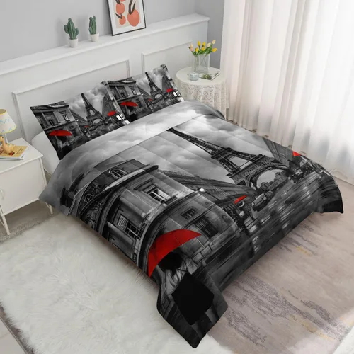 Vista 2 de Datura home Juego de Ropa de Cama Edredón Escenario de Calle de París Torre Eiffel Patrón Estampado Juego de Ropa de Cama con 1 Edredón y 2 Fundas