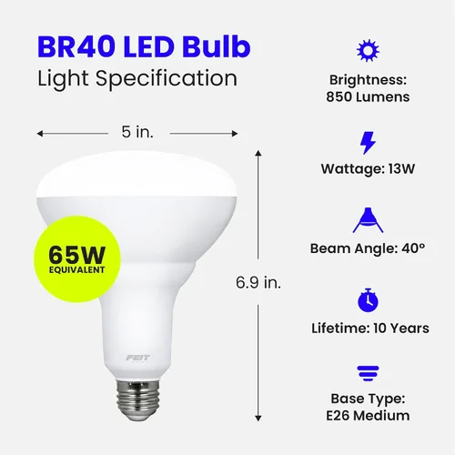 Vista 3 de Bombillas LED Feit Electric BR40, regulables, equivalentes a 65 W, vida útil de 10 años, 850 lúmenes, base E26, 2700k blanco suave, luces