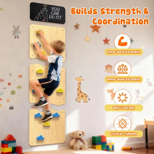 Vista 2 de Pared de escalada de madera para niños, paneles de pared de escalada interior con 12 soportes de roca, juguete de escalada Montessori para sala