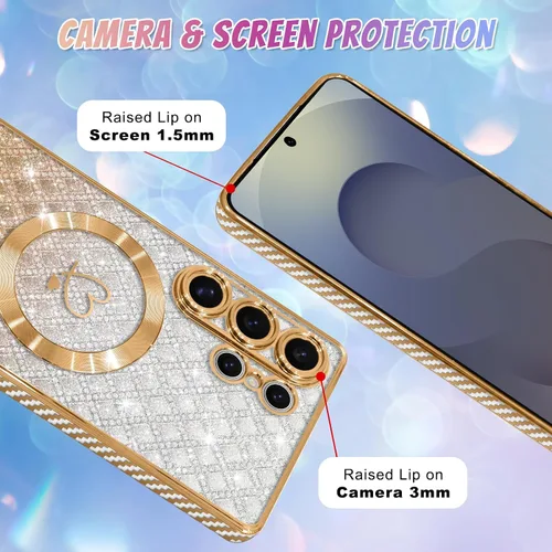 Vista 346 de Bonoma - Funda compatible con Samsung Galaxy S21 Plus, diseño de corazón con purpurina, color rosa Support for MagSafe, Plating Magnetic Case TPU
