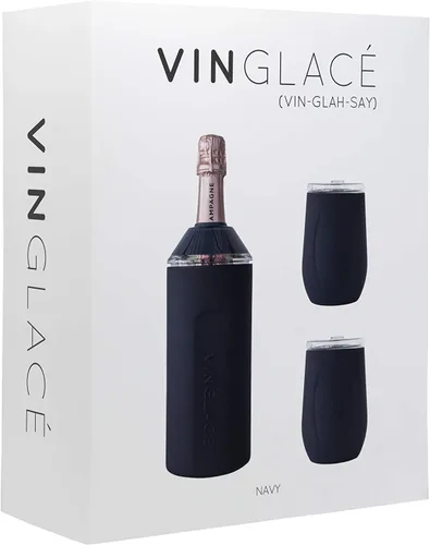 Vista 3 de Enfriador de botellas de vino y champán de Vinglacé personalizado, un regalo personalizado único para los amantes del vino (azul marino)