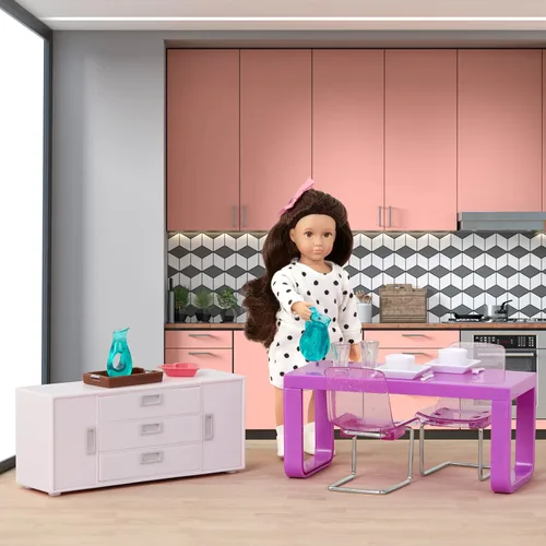 Vista 2 de Lori Muebles de comedor para muñecas y juguetes de 6 pulgadas - Accesorios para muñecas y casas de muñecas de 6 pulgadas - Mesa, sillas, platos