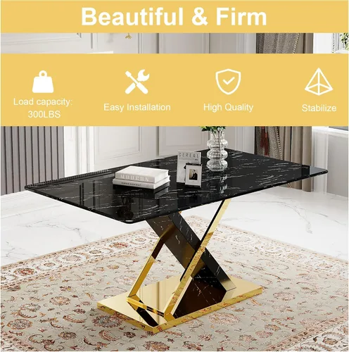 Vista 5 de Juego de Mesa de Comedor de Mármol para 4, Mesa Rectangular Negra de 63 Pulgadas con Marco de Metal Dorado en Forma de X y 4 Sillas de Comedor
