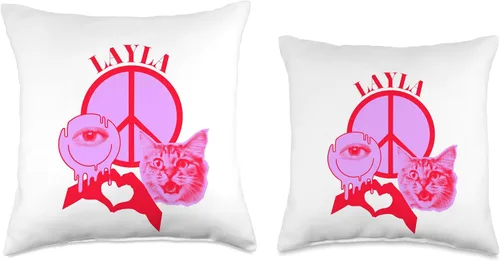 Vista 3 de Layla Name Personalized Peace and Karma Co. Layla First Name I Love Retro Cat Mom - Almohada personalizada, 16 x 16 pulgadas, multicolor