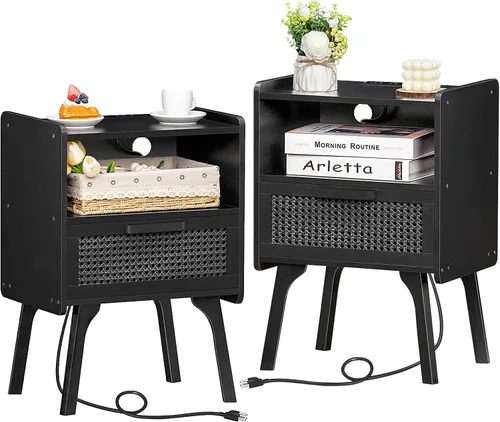 Vista 23 de Lerliuo Rattan Nightstand with Charging Station, Boho Night Stand Natural