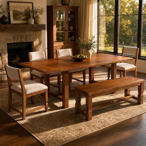 Vista 31 de Juego de mesa de comedor rústica de 6 piezas con mesa rectangular de caballete y 4 sillas tapizadas y banco, juego de mesa de comedor de cocina