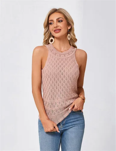 Vista 4 de JASAMBAC Suéter sin mangas para mujer, cuello redondo, ahuecado, elástico, recortado, suéter de punto