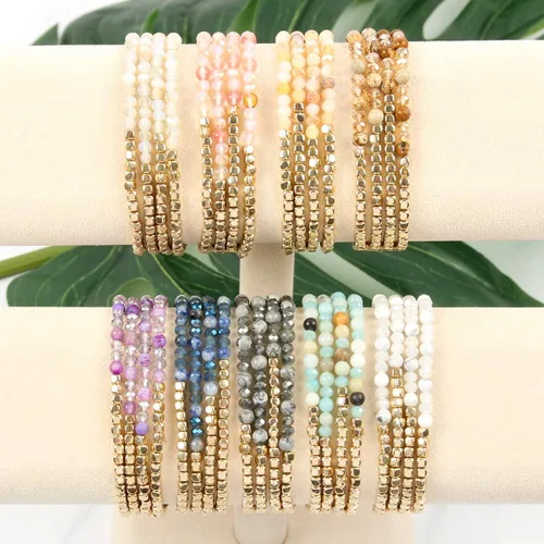 Vista 7 de RIAH FASHION Delicadas pulseras bohemias con cuentas multicapa versátiles, apilables y elásticas, de cristal brillante, piedra natural, dije de borla