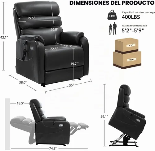 Vista 3 de EONIX Silla Reclinable Eléctrica de Doble Motor Completamente Reclinable para Ancianos, Sillas Elevadoras Eléctricas de Cuero Sintético para Negro