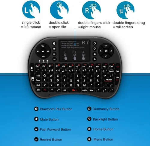 Vista 2 de Teclado táctil Rii i8+ miniatura, inalámbrico 2.4G luz de fondo con ratón para PC/Mac/Android, dorado Negro