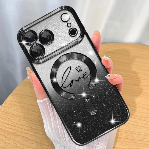 Vista 48 de ZIYE - Funda magnética diseñada para iPhone 13 con purpurina, color negro Luxury Plating Love Heart Compatible with MagSafe Camera Protection
