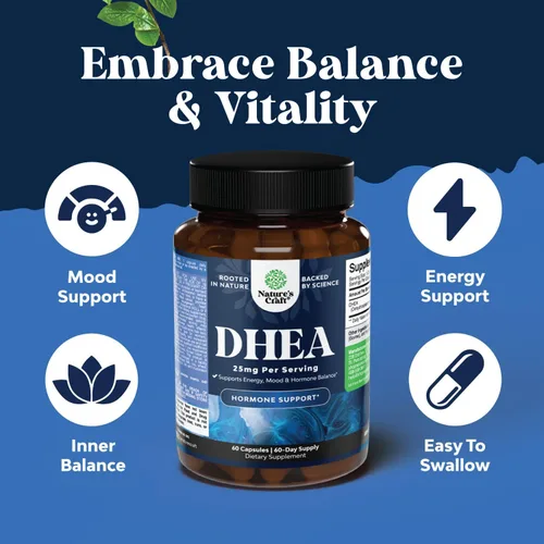 Vista 4 de Suplemento DHEA para mujeres y hombres – DHEA 25 mg por porción cápsulas para el equilibrio hormonal – Promueve la estabilidad del estado de ánimo