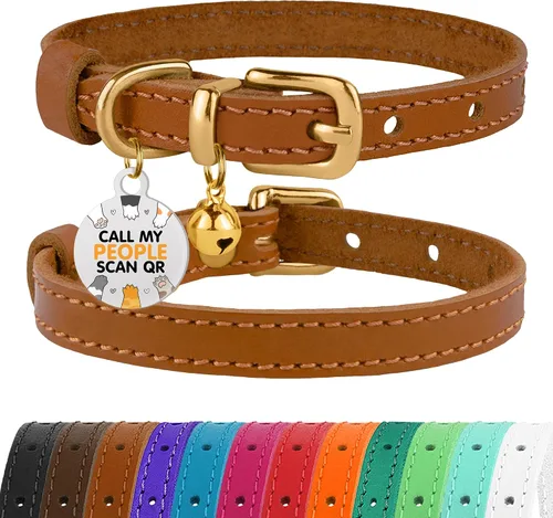Vista 24 de BRONZEDOG Collar de cuero para gato con campanas extraíbles sin liberación rápida, etiqueta QR para gatito para niña y niño