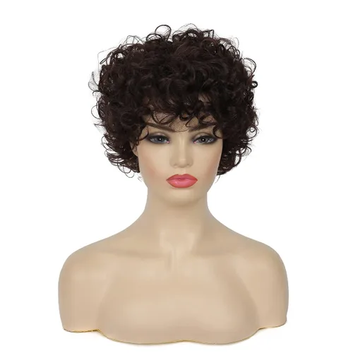Vista 2 de Pelucas cortas y rizadas marrones para mujer, aspecto natural, peluca de pelo sintético marrón para cosplay