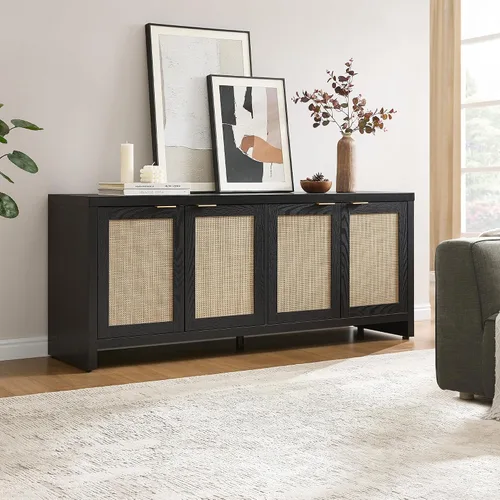 Vista 6 de SICOTAS Soporte de TV para sala de estar, centro de entretenimiento boho para dormitorio con 4 gabinetes de ratán, soporte de televisión de granja