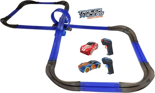 Vista 2 de Control remoto de radio de 2.4 GHz, sin ranura, inalámbrico Racing Super 8 Speedway Track Set con dos autos Resplandor azul