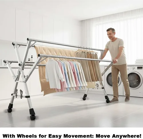 Vista 5 de This Telescopic Expandable Laundry Drying Rack, Foldable Stainless Steel Clothes Hanger, Folding Garment Stand for Indoor Outdoor, Space-Saving